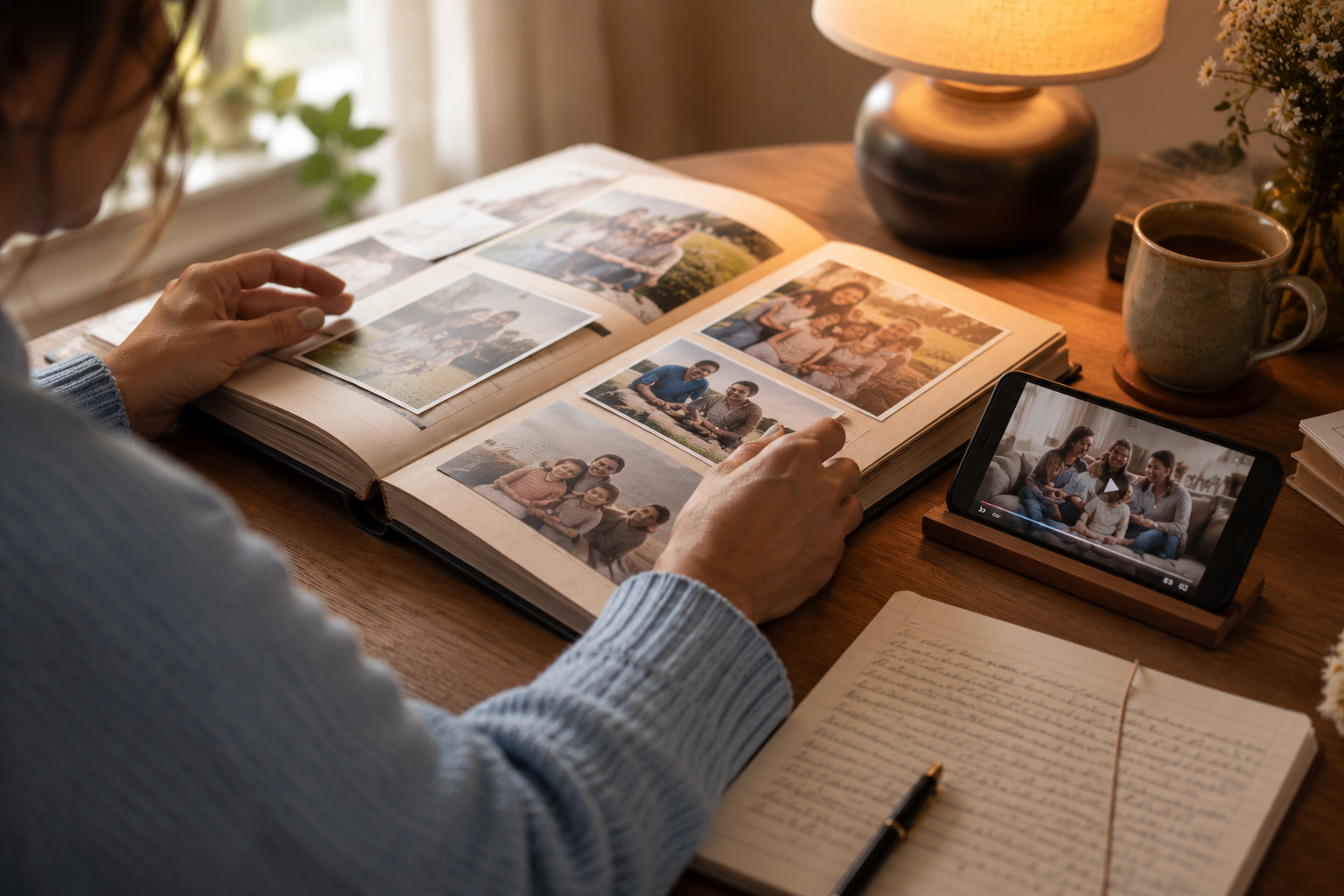 Family adding photos, letters, and tributes to a memorial